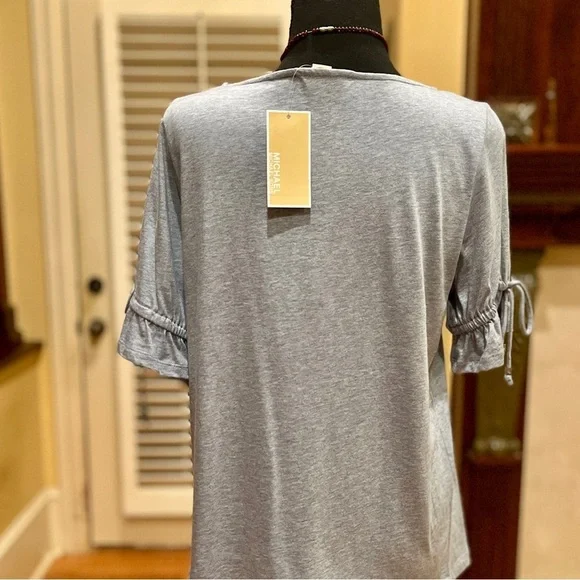 Michael Kors Tencel Blouse Top Ruched Sleeve Chambray - Picture 2 of 8